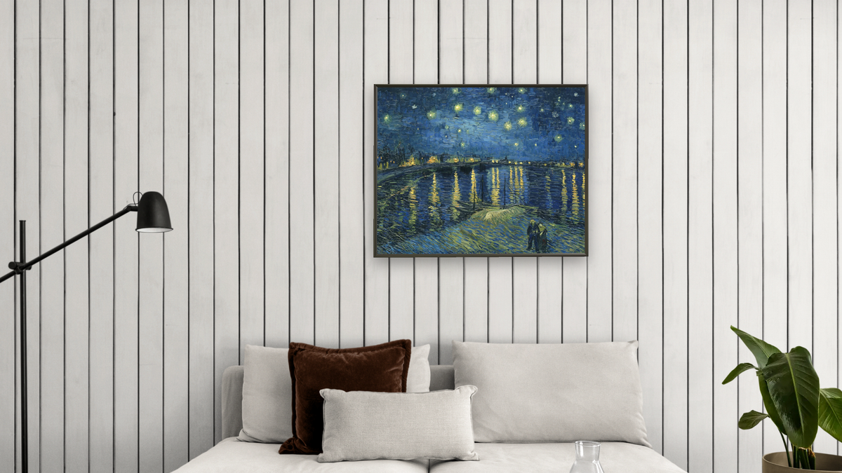 La nuit etoilee, Arles (The Starry Night) by Vincent van Gogh, shown at 32 × 40 in (81.3 × 101.6 cm) on canvas in Ramino Satin Black, living