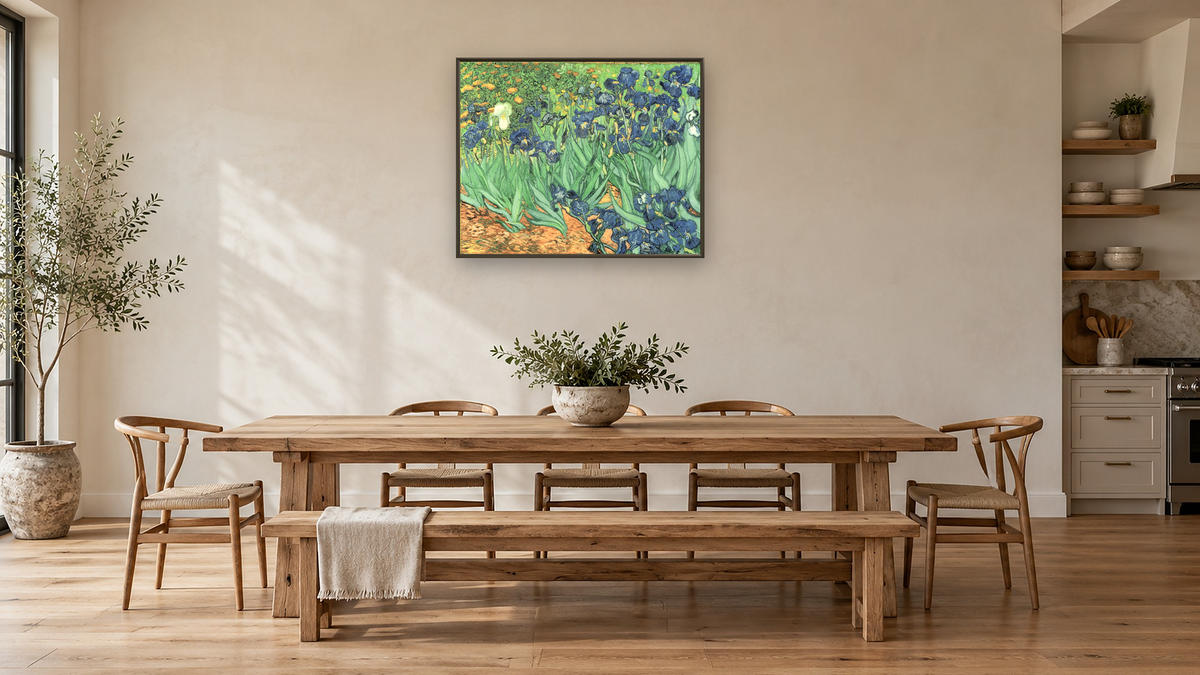 Irises by Vincent van Gogh, shown at 32 × 40 in (81.3 × 101.6 cm) on canvas in Ramino Satin Black, kitchen