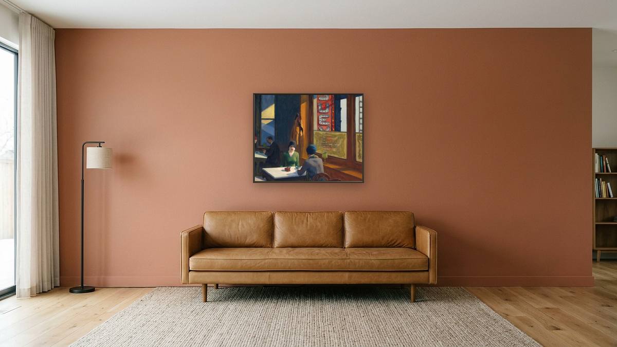 Chop Suey by Edward Hopper, shown at 32 × 40 in (81.3 × 101.6 cm) on canvas in Ramino Satin Black, media room