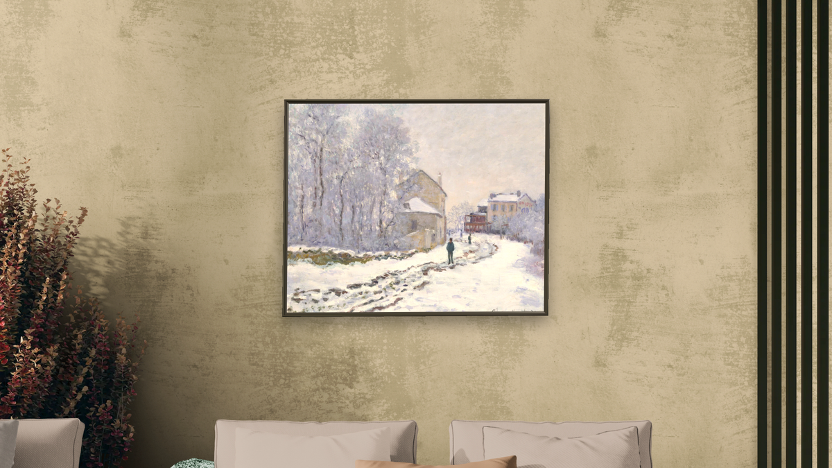 Snow in Argenteuil by Claude Monet, shown at 32 × 40 in (81.3 × 101.6 cm) on canvas in Ramino Satin Black, living