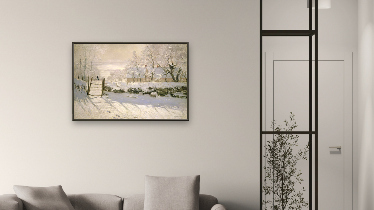 The Magpie by Claude Monet, shown at 28 × 42 in (71.1 × 106.7 cm) on canvas in Ramino Satin Black, living
