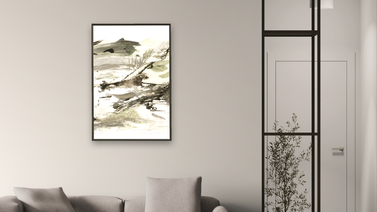Bot 2 by Dan Hobday, shown at 28 × 42 in (71.1 × 106.7 cm) on canvas in Ramino Satin Black, living