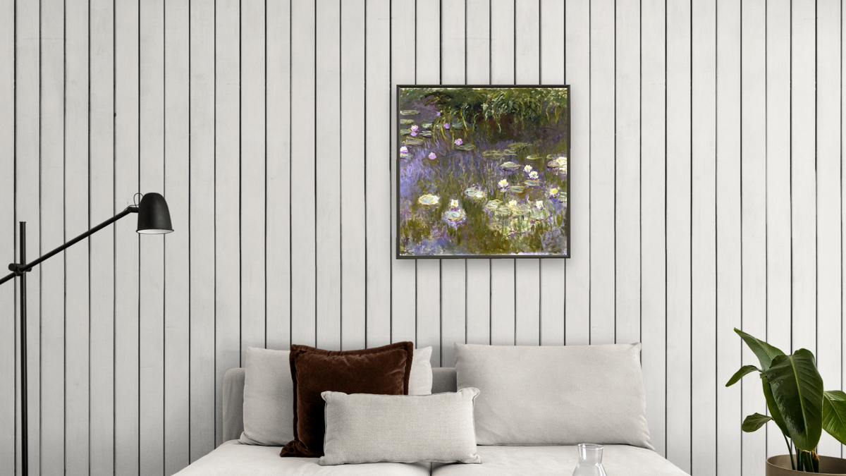 Water Lilies by Claude Monet, shown at 32 × 32 in (81.3 × 81.3 cm) on canvas in Ramino Satin Black, living