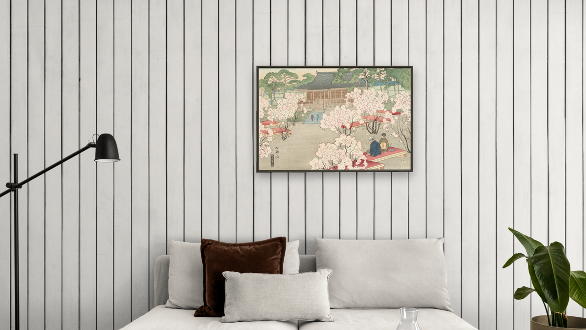 Cherry Blossoms at Omuro by Miki Suizan, shown at 28 × 42 in (71.1 × 106.7 cm) on canvas in Ramino Satin Black, living