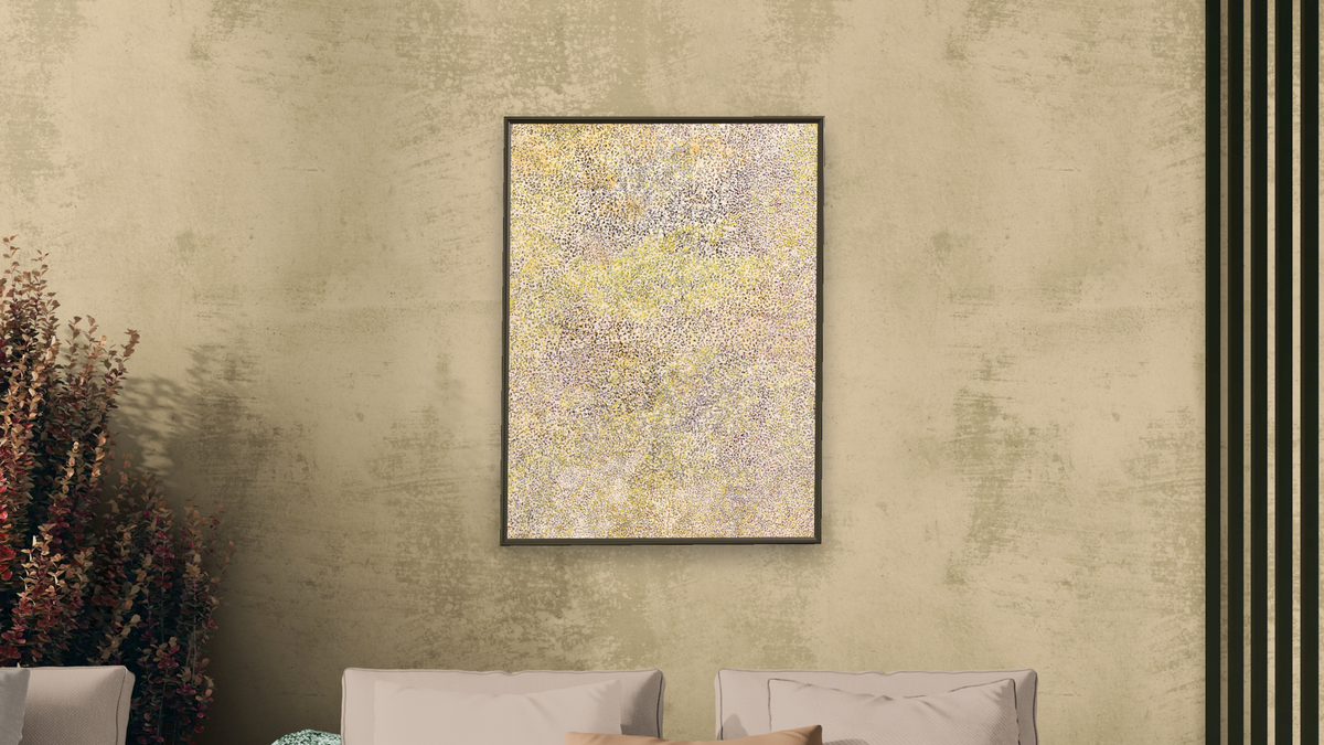 Bush Plum Country by Kathleen Ngal, shown at 30 × 40 in (76.2 × 101.6 cm) on canvas in Ramino Satin Black, living