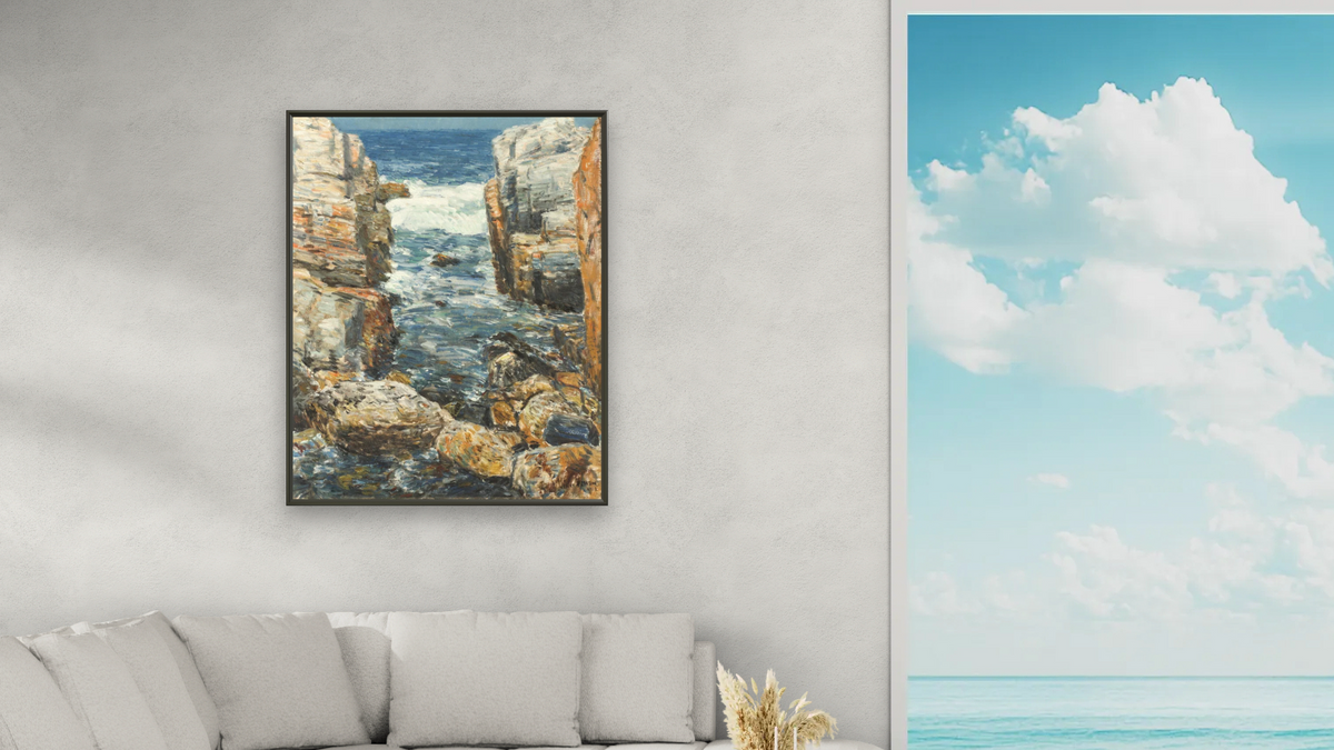 The South Gorge, Appledore, Isles of Shoals (The Gorge) by Childe Hassam, shown at 32 × 40 in (81.3 × 101.6 cm) on canvas in Ramino Satin Black, living