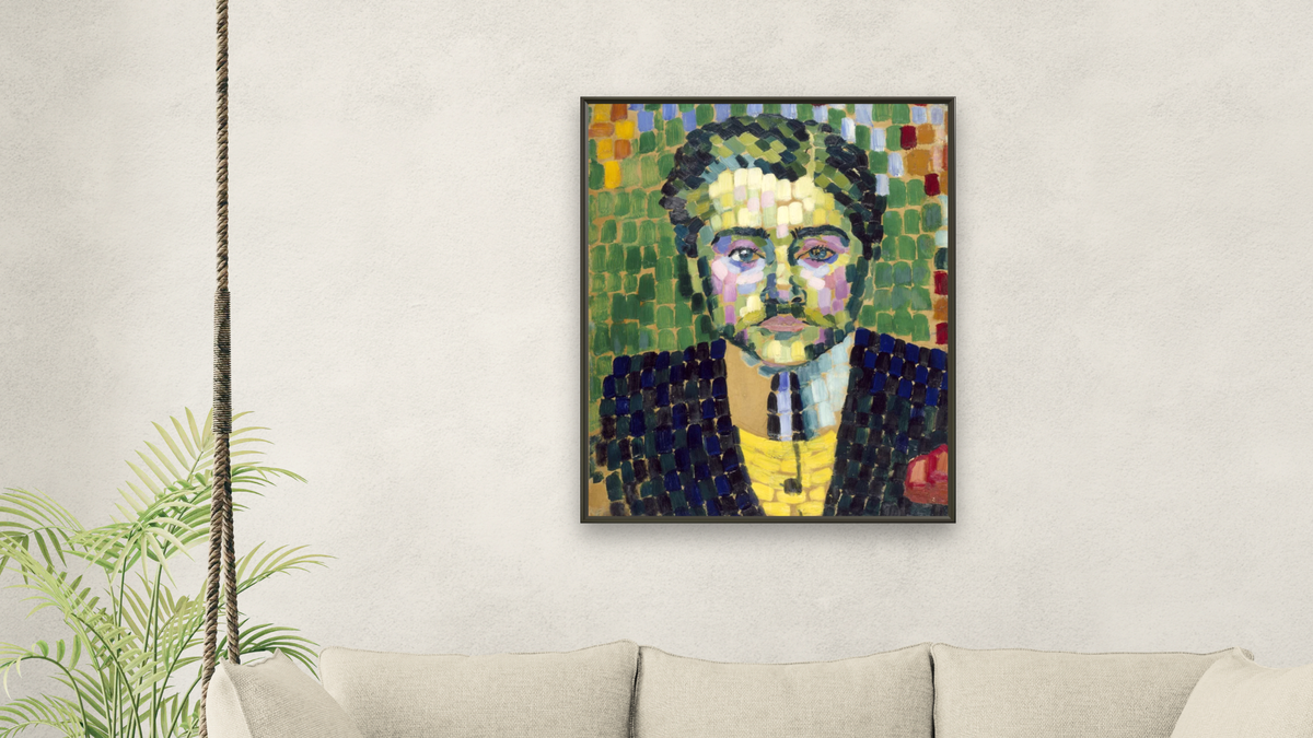 Jean Metzinger by Robert Delaunay, shown at 32 × 40 in (81.3 × 101.6 cm) on canvas in Ramino Satin Black, living