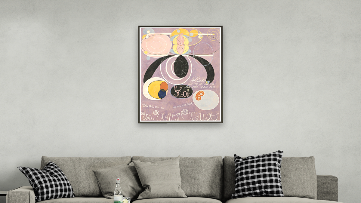 Group IV, The Ten Largest, No. 6, Adulthood by Hilma af Klint, shown at 30 × 40 in (76.2 × 101.6 cm) on canvas in Ramino Satin Black, living