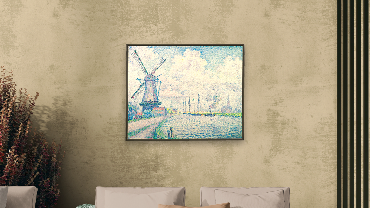 Canal of Overschie by Paul Signac, shown at 32 × 40 in (81.3 × 101.6 cm) on canvas in Ramino Satin Black, living