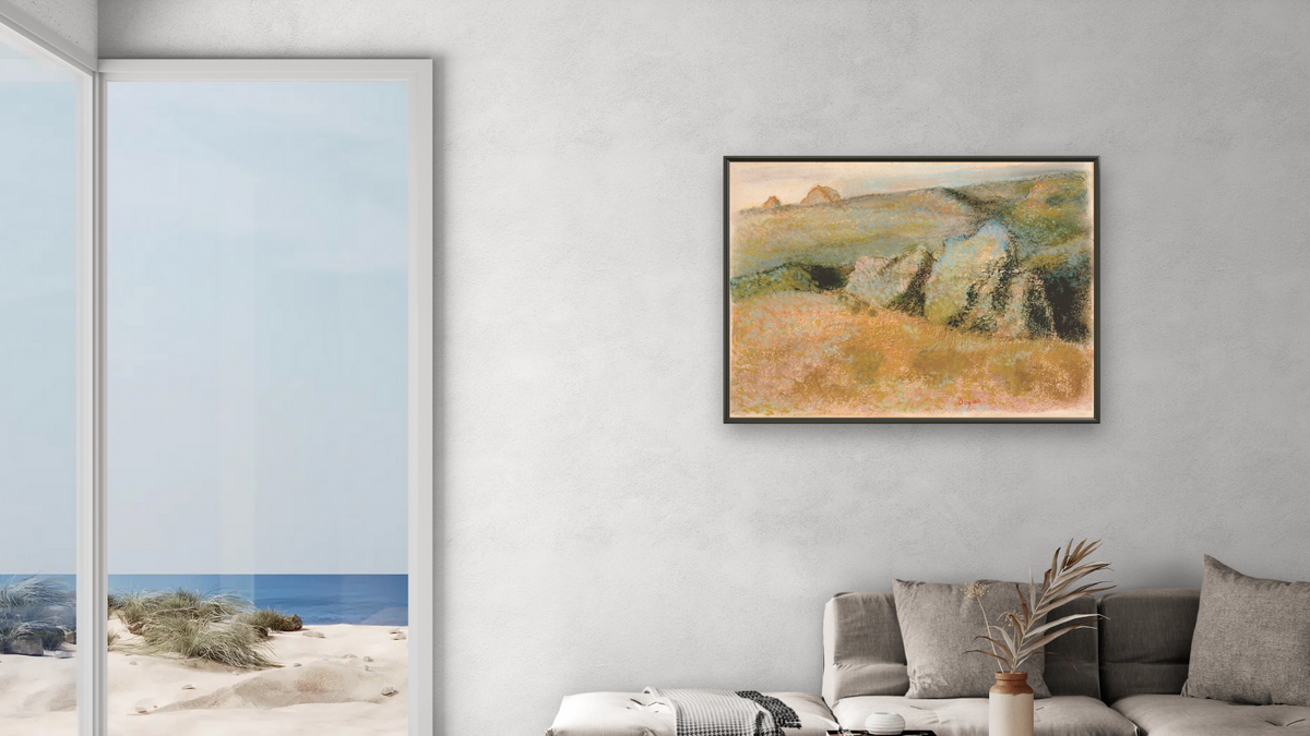 Landscape with Rocks by Edgar Degas, shown at 30 × 40 in (76.2 × 101.6 cm) on canvas in Ramino Satin Black, living