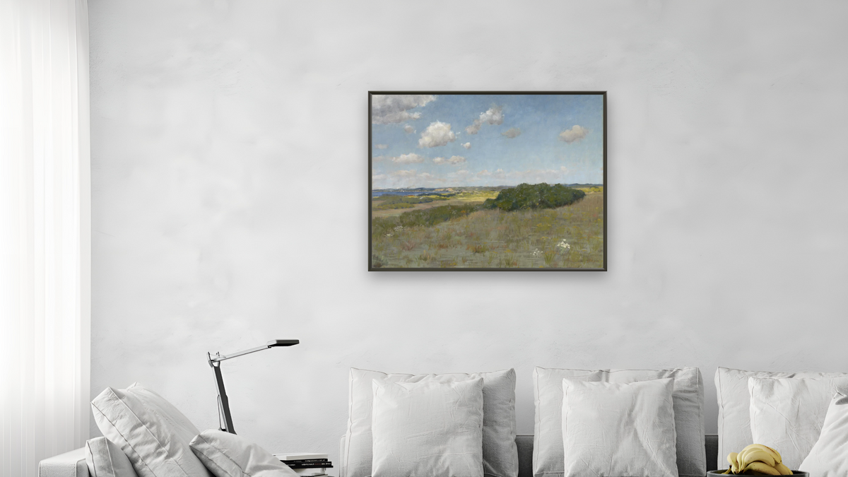 Sunlight and Shadow, Shinnecock Hills by William Merritt Chase, shown at 32 × 40 in (81.3 × 101.6 cm) on canvas in Ramino Satin Black, living