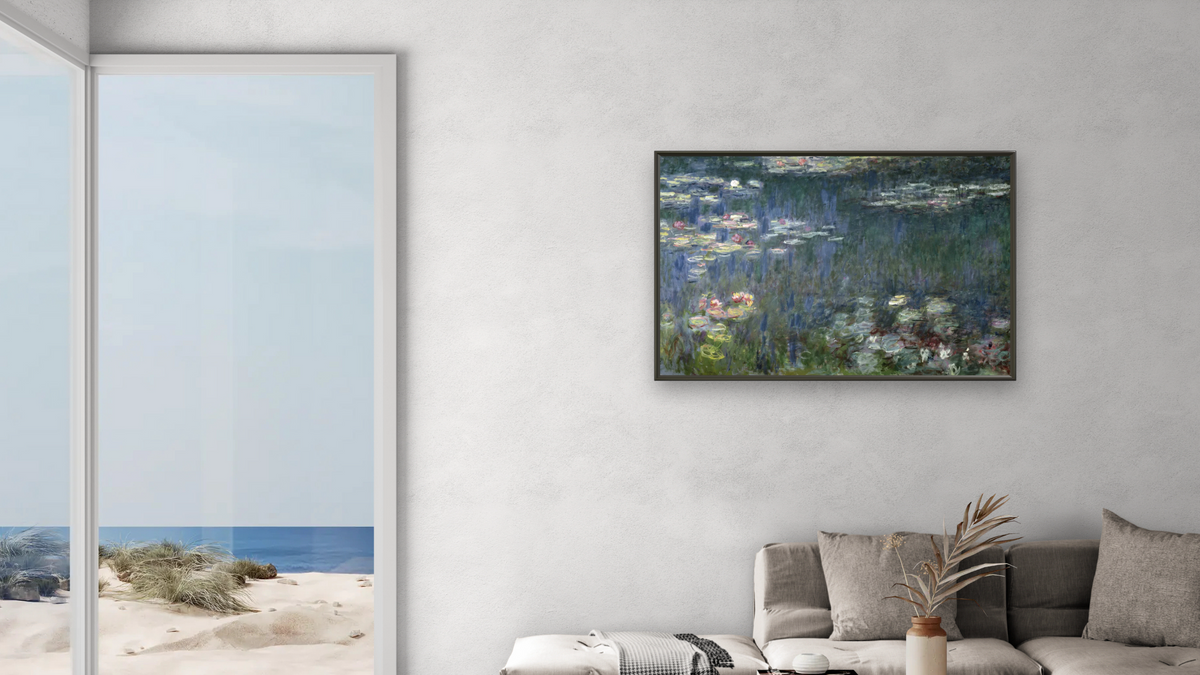 Waterlilies: Green Reflections (left section) by Claude Monet, shown at 28 × 42 in (71.1 × 106.7 cm) on canvas in Ramino Satin Black, living