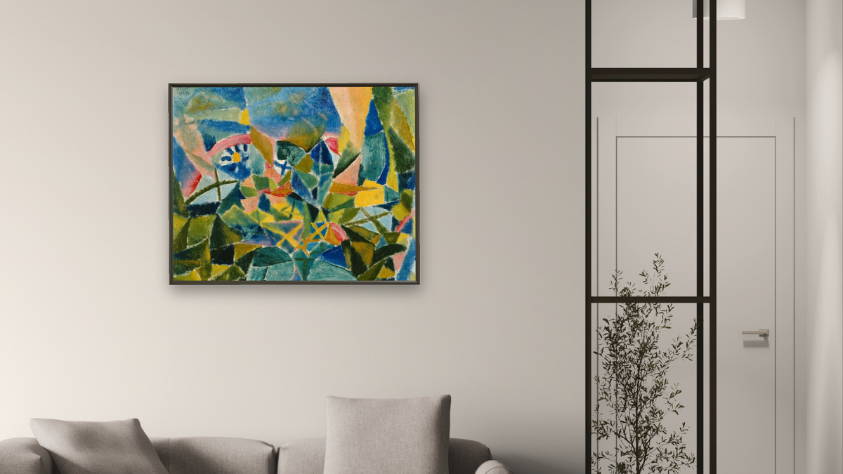 Flower Bed by Paul Klee, shown at 32 × 40 in (81.3 × 101.6 cm) on canvas in Ramino Satin Black, living