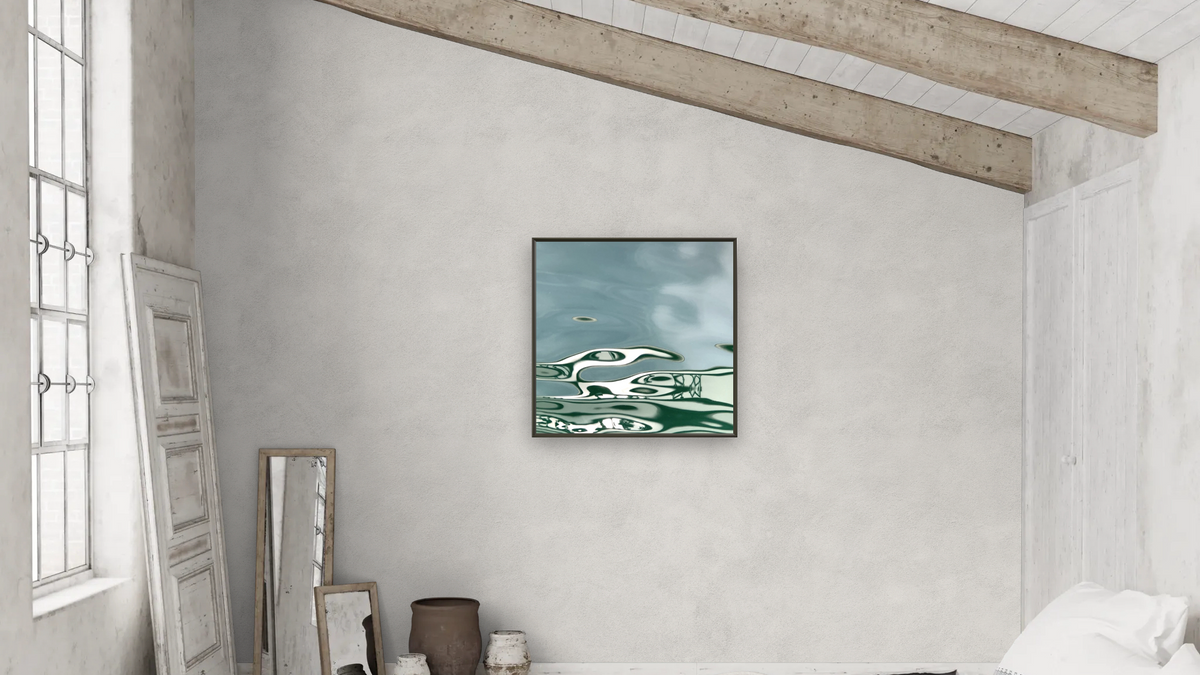 The Skyhawk by Judith Rayl, shown at 32 × 32 in (81.3 × 81.3 cm) on canvas in Ramino Satin Black, bedroom