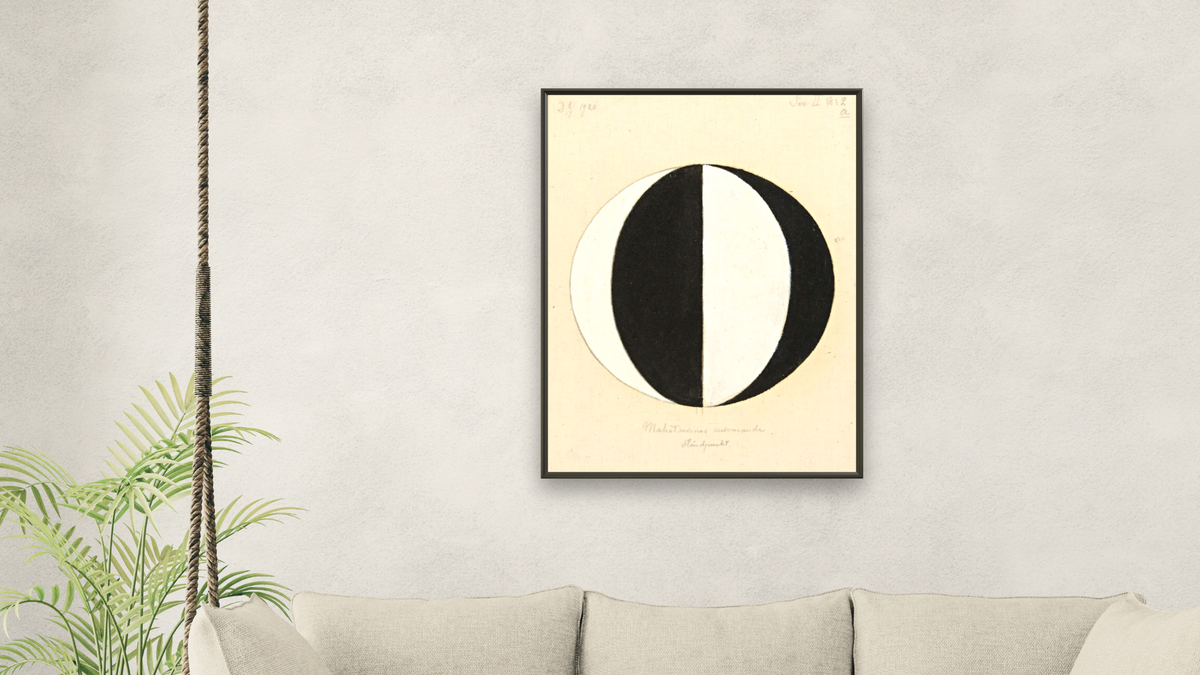 The Current Standpoint of the Mahatmas by Hilma af Klint, shown at 30 × 40 in (76.2 × 101.6 cm) on canvas in Ramino Satin Black, living