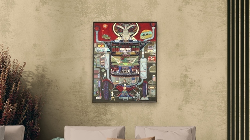A Bomb (Lifetime Guarantee) by Ralph Fasanella, shown at 32 × 40 in (81.3 × 101.6 cm) on canvas in Ramino Satin Black, living [arteriel-render:v6:room_a:32x40@50,44]