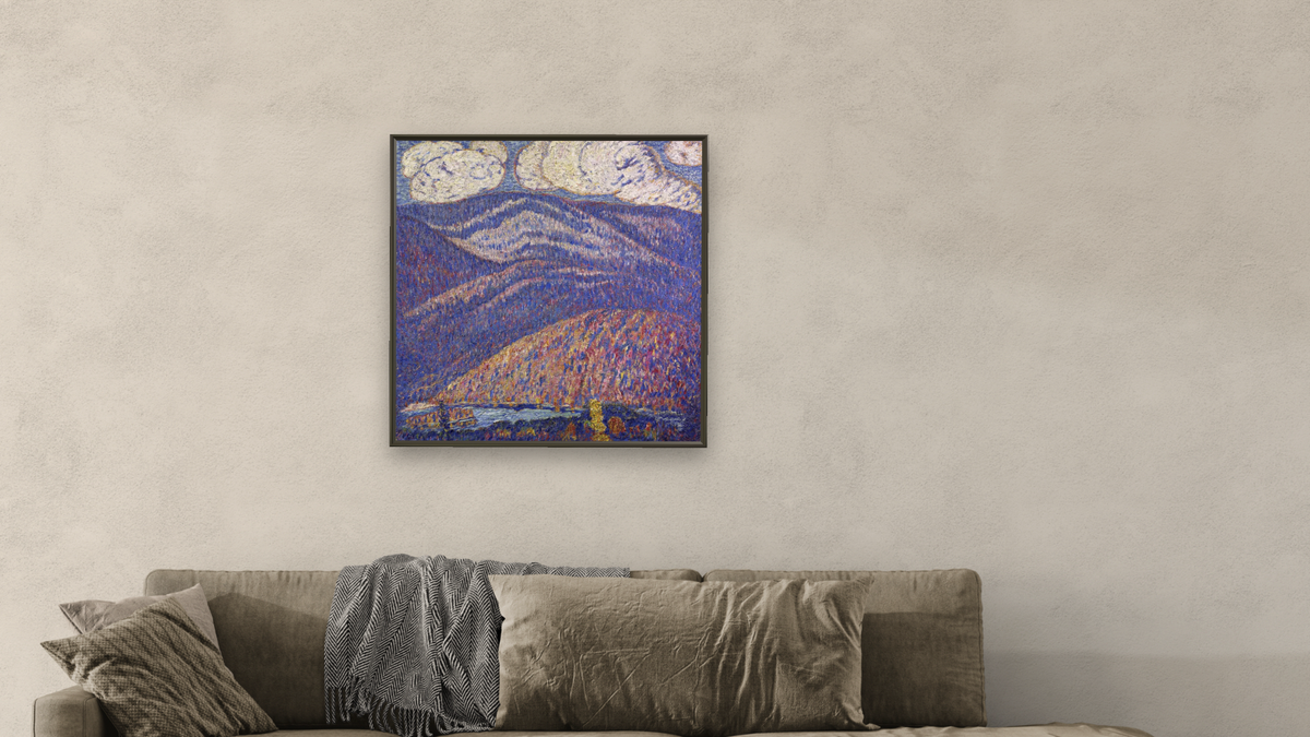 Hall of the Mountain King by Marsden Hartley, shown at 32 × 32 in (81.3 × 81.3 cm) on canvas in Ramino Satin Black, living