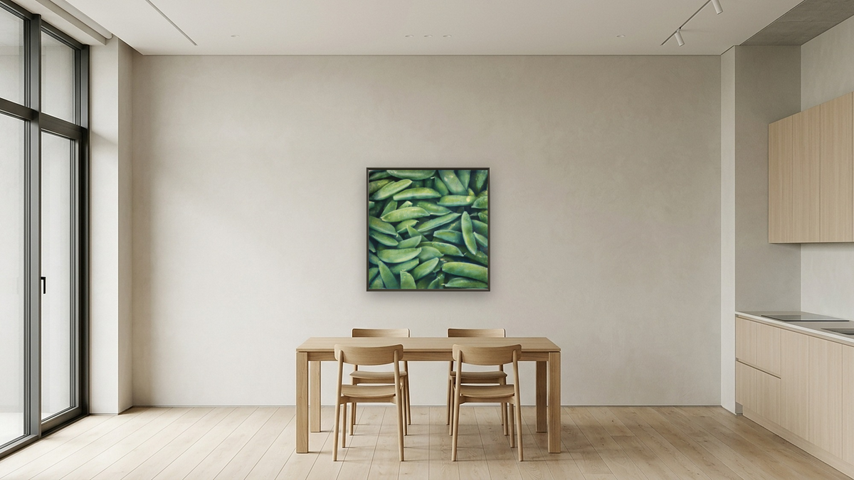 Peas by Kirsten Söderlind, shown at 32 × 32 in (81.3 × 81.3 cm) on canvas in Ramino Satin Black, kitchen