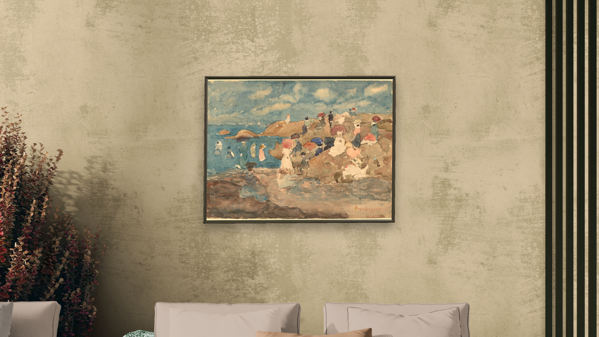 Revere Beach by Maurice Brazil Prendergast, shown at 30 × 40 in (76.2 × 101.6 cm) on canvas in Ramino Satin Black, living