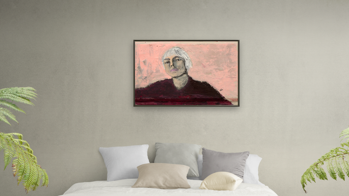 At a Glance by Dobee Snowber, shown at 28 × 42 in (71.1 × 106.7 cm) on canvas in Ramino Satin Black, bedroom