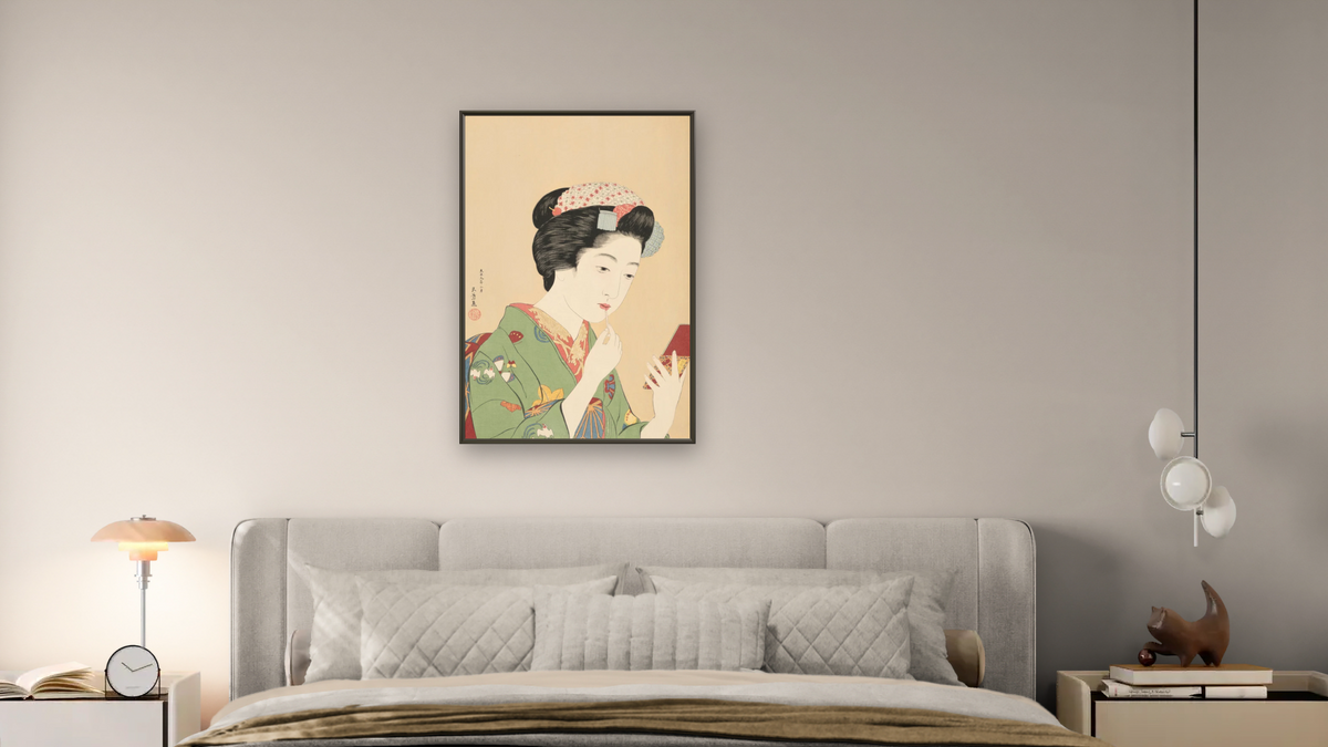 Girl with a Rouge Brush by Goyō Hashiguchi, shown at 28 × 42 in (71.1 × 106.7 cm) on canvas in Ramino Satin Black, bedroom