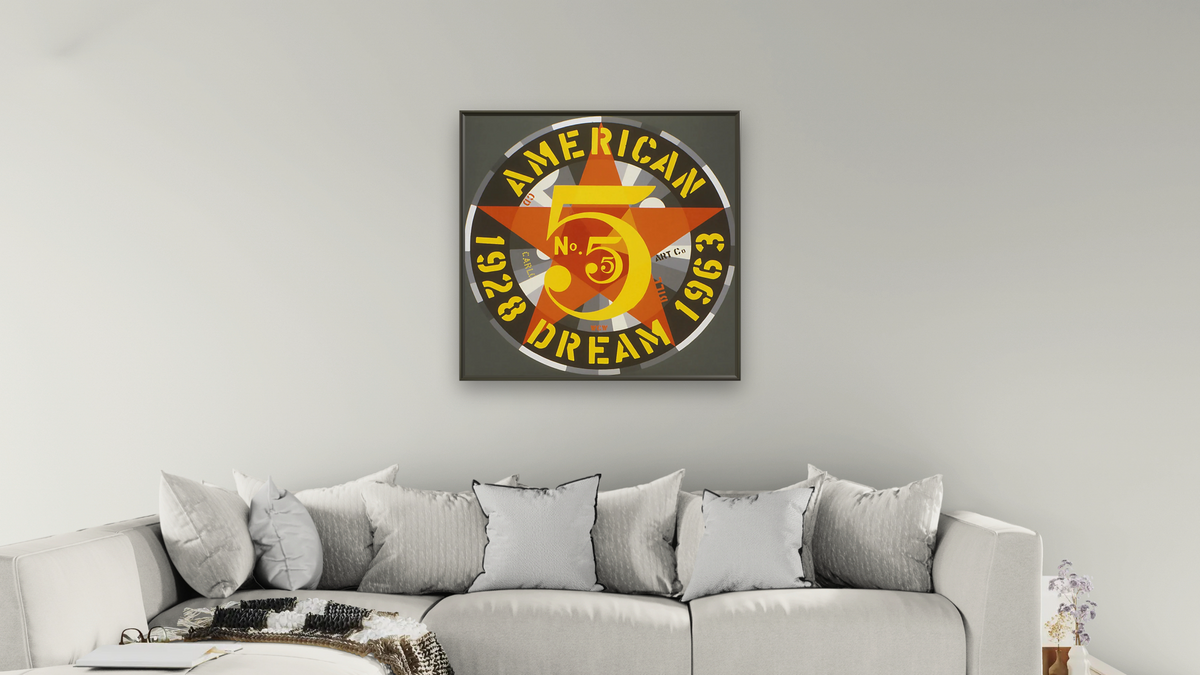 The Demuth American Dream No. 5 (Detail), 1963 by Robert Indiana, shown at 32 × 32 in (81.3 × 81.3 cm) on canvas in Ramino Satin Black, living