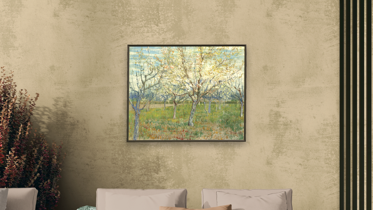The Pink Orchard by Vincent van Gogh, shown at 32 × 40 in (81.3 × 101.6 cm) on canvas in Ramino Satin Black, living