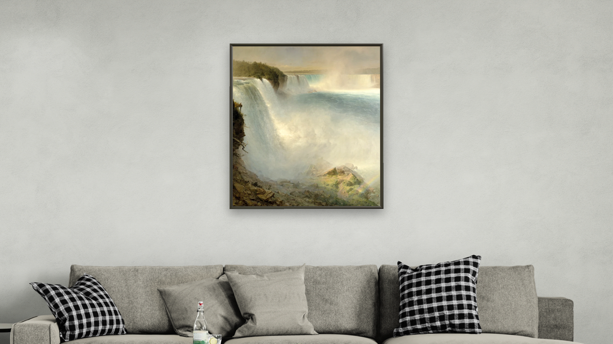 Niagara Falls, from the American Side by Frederic Edwin Church, shown at 32 × 40 in (81.3 × 101.6 cm) on canvas in Ramino Satin Black, living