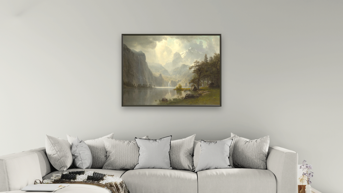 In the Mountains by Albert Bierstadt, shown at 30 × 40 in (76.2 × 101.6 cm) on canvas in Ramino Satin Black, living