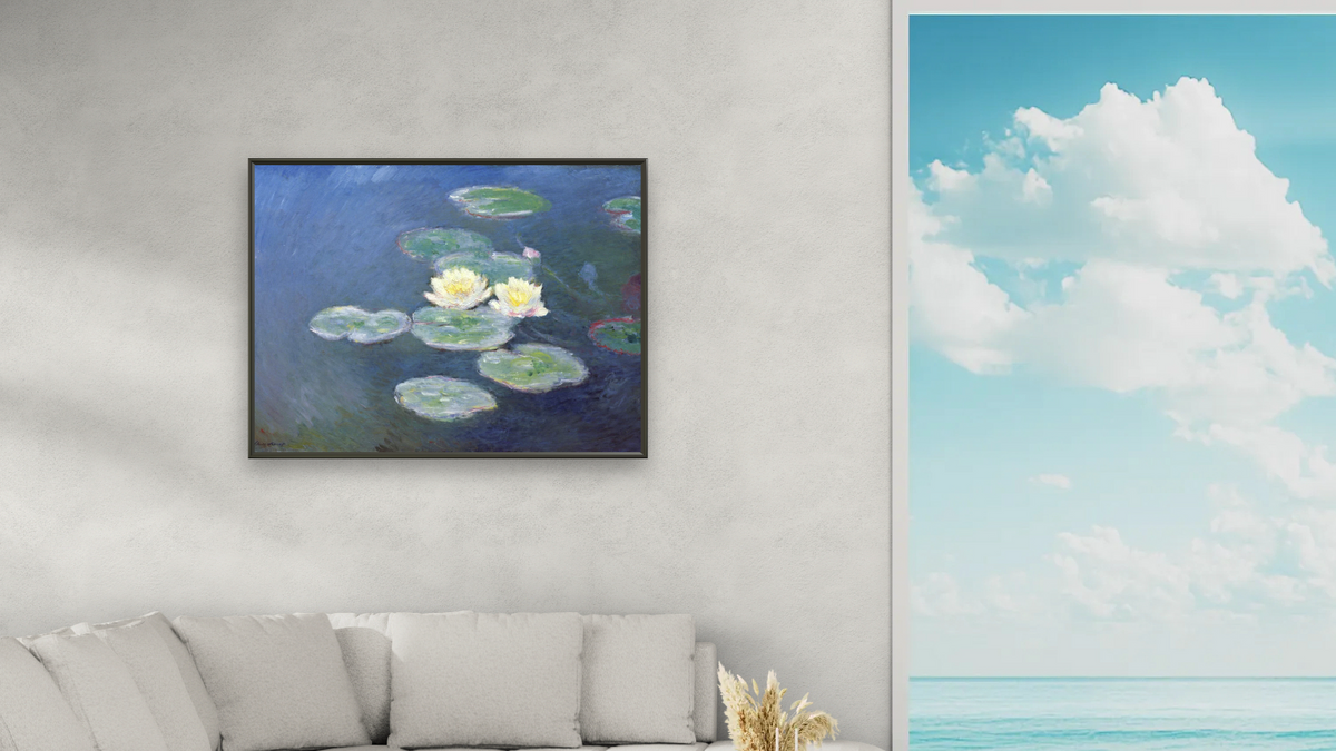 Nympheas: Sun Effects by Claude Monet, shown at 30 × 40 in (76.2 × 101.6 cm) on canvas in Ramino Satin Black, living