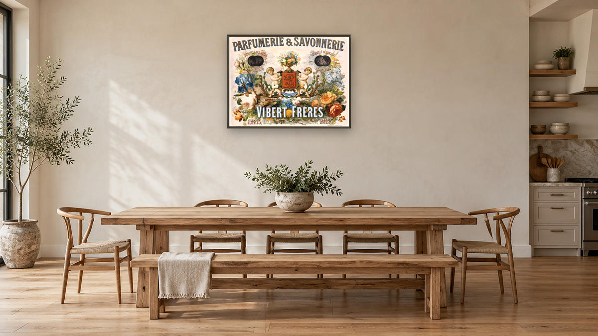 Parfumerie & Savonnerie - Vibert Freres Poster, shown at 30 × 40 in (76.2 × 101.6 cm) on canvas in Ramino Satin Black, kitchen