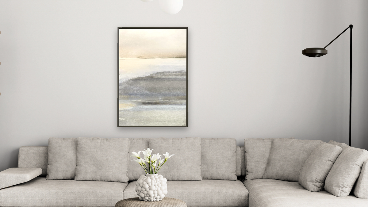 Land 3 by Dan Hobday, shown at 28 × 42 in (71.1 × 106.7 cm) on canvas in Ramino Satin Black, living