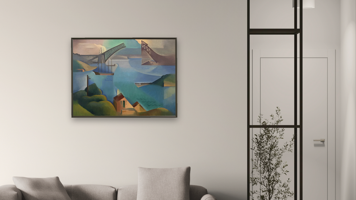The bridge by Dorrit Black, shown at 30 × 40 in (76.2 × 101.6 cm) on canvas in Ramino Satin Black, living