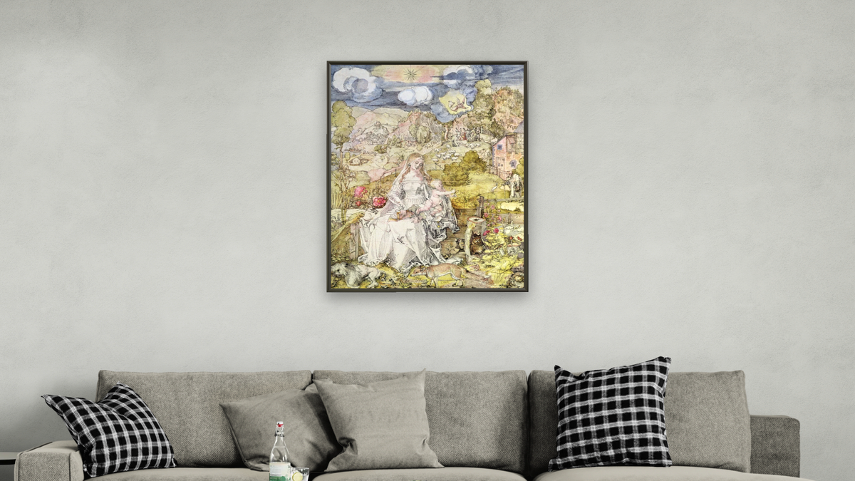 Madonna and Child by Albrecht Dürer, shown at 30 × 40 in (76.2 × 101.6 cm) on canvas in Ramino Satin Black, living