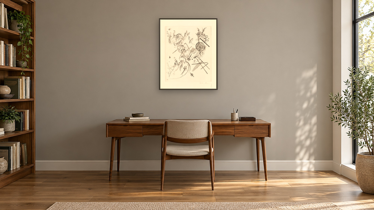 Kleine Welten XII (Small Worlds XII) by Wassily Kandinsky, shown at 32 × 40 in (81.3 × 101.6 cm) on canvas in Ramino Satin Black, library