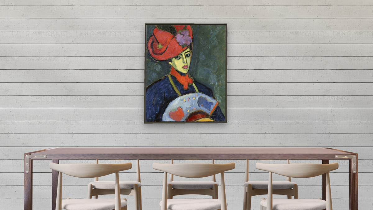 Schokko with Red Hat by Alexei Jawlensky, shown at 32 × 40 in (81.3 × 101.6 cm) on canvas in Ramino Satin Black, dining