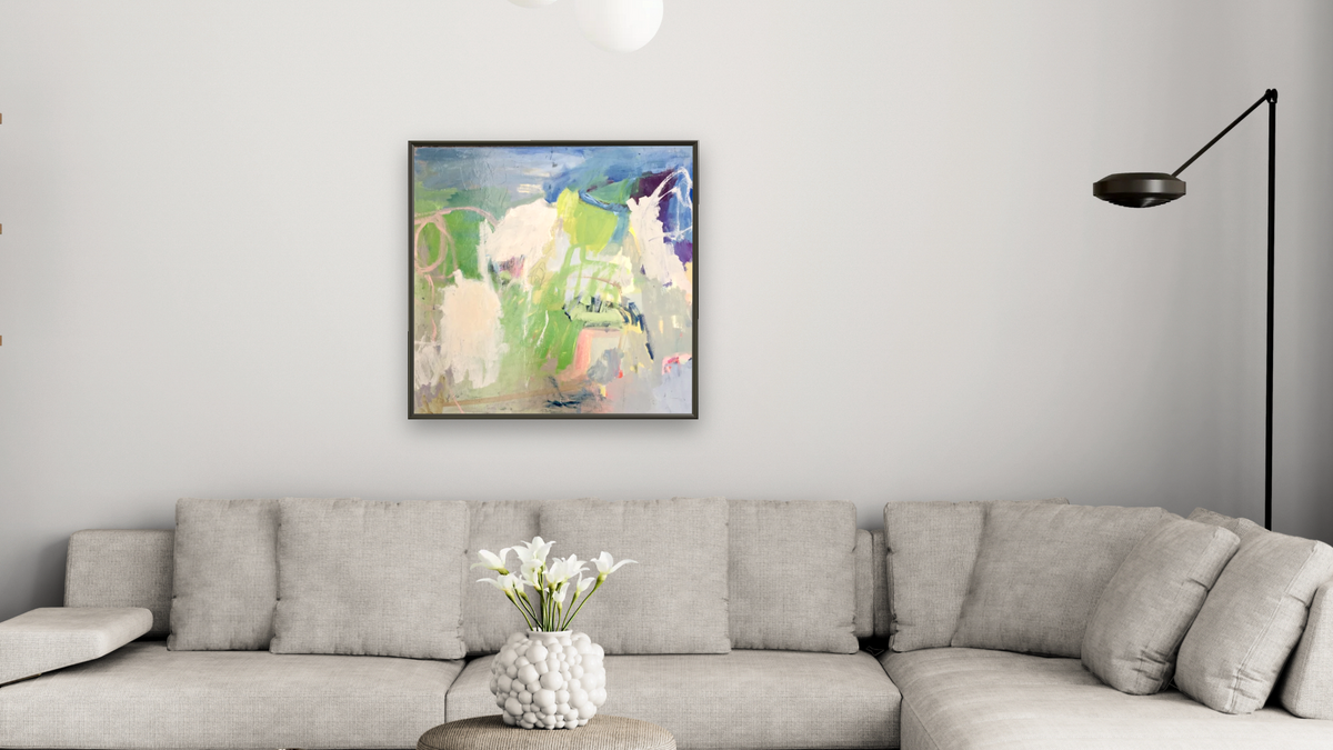 Chasing Whispers by Katherine Bello, shown at 32 × 32 in (81.3 × 81.3 cm) on canvas in Ramino Satin Black, living