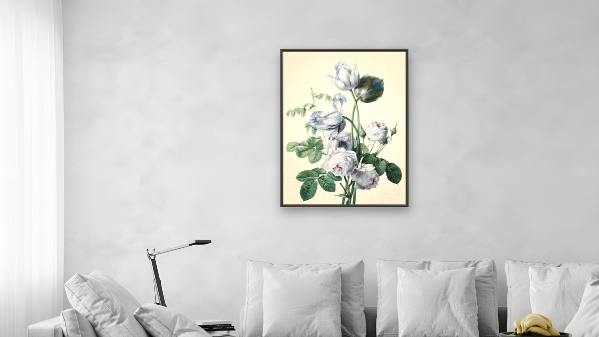Tulips and Roses by Pierre Joseph Redouté, shown at 30 × 40 in (76.2 × 101.6 cm) on canvas in Ramino Satin Black, living