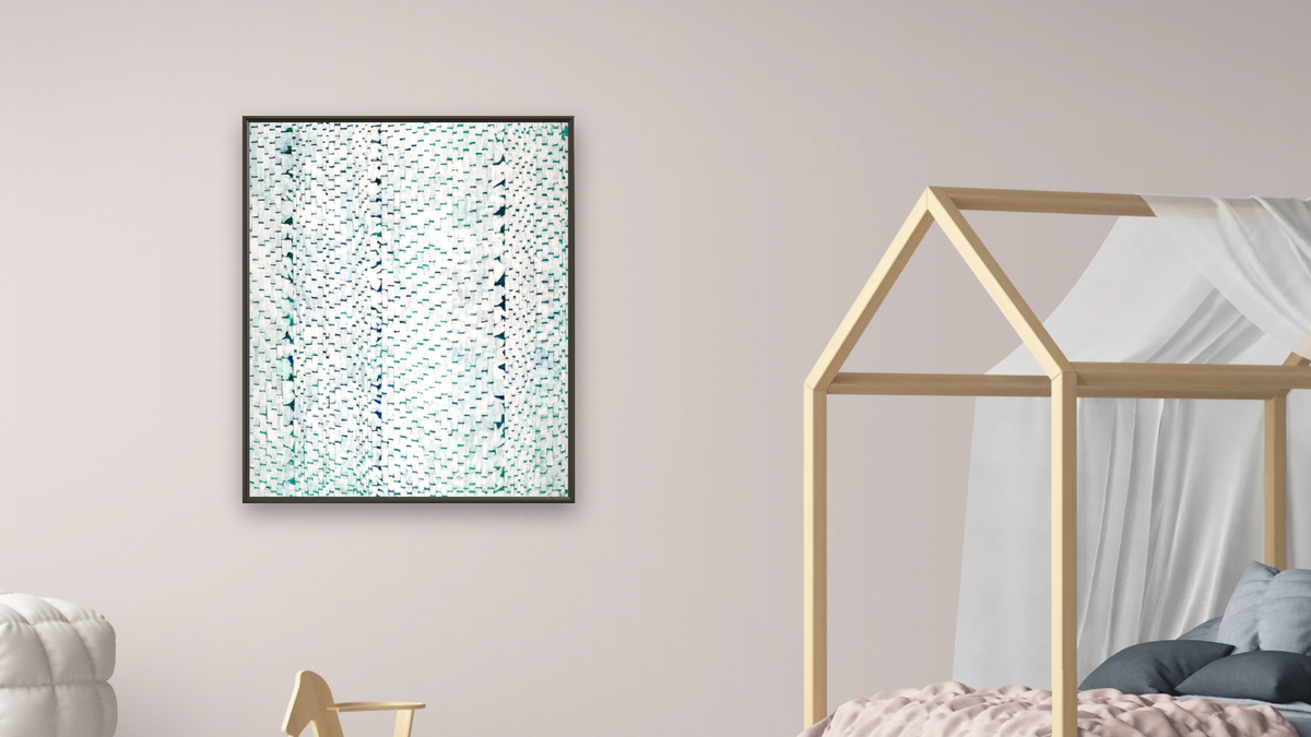Arboretum Presents White Dogwood by Alma Thomas, shown at 32 × 40 in (81.3 × 101.6 cm) on canvas in Ramino Satin Black, bedroom