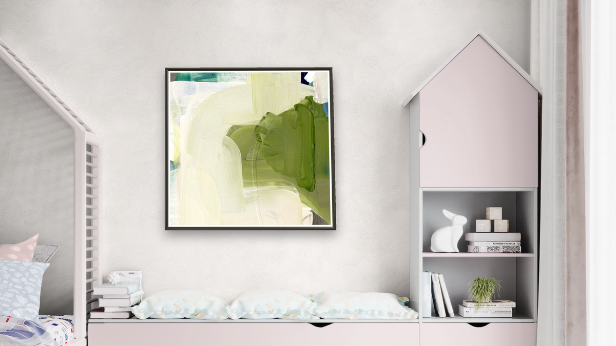 Snack 14 by Nino Yuniardi, shown at 32 × 32 in (81.3 × 81.3 cm) on canvas in Ramino Satin Black, bedroom