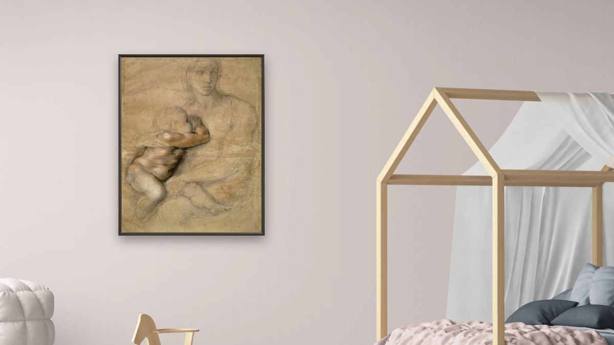 Madonna and child by Michelangelo Buonarroti, shown at 30 × 40 in (76.2 × 101.6 cm) on canvas in Ramino Satin Black, bedroom