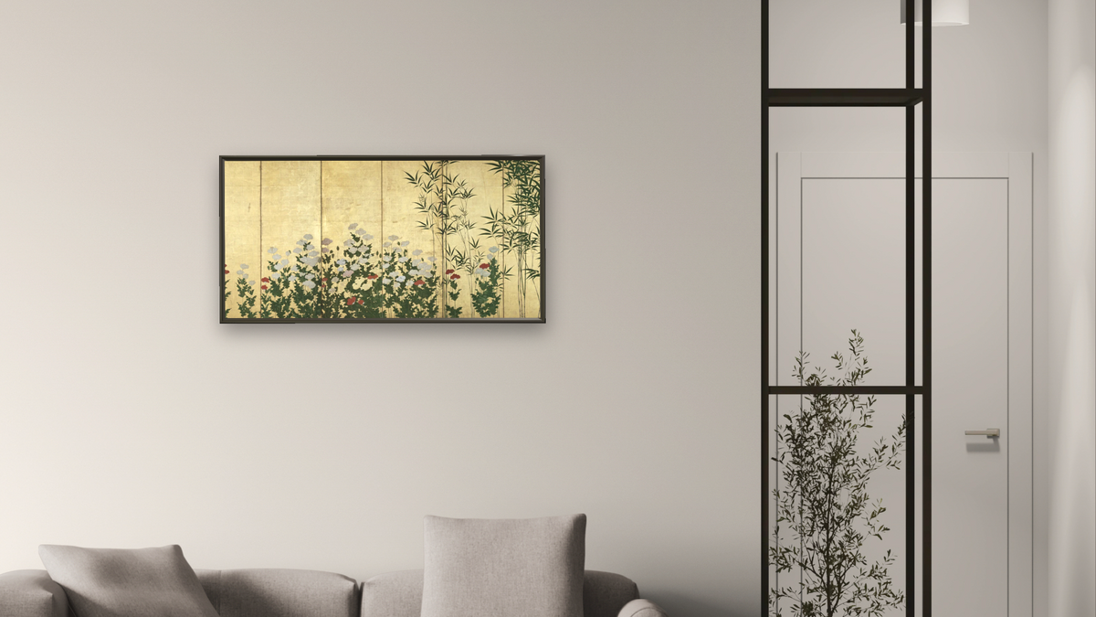 Bamboo and Poppies II by Kano Shigenobu, shown at 20 × 40 in (50.8 × 101.6 cm) on canvas in Ramino Satin Black, living