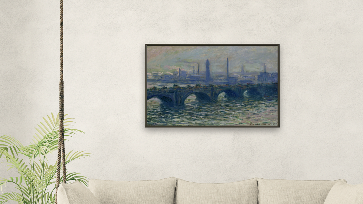 Waterloo Bridge by Claude Monet, shown at 28 × 42 in (71.1 × 106.7 cm) on canvas in Ramino Satin Black, living