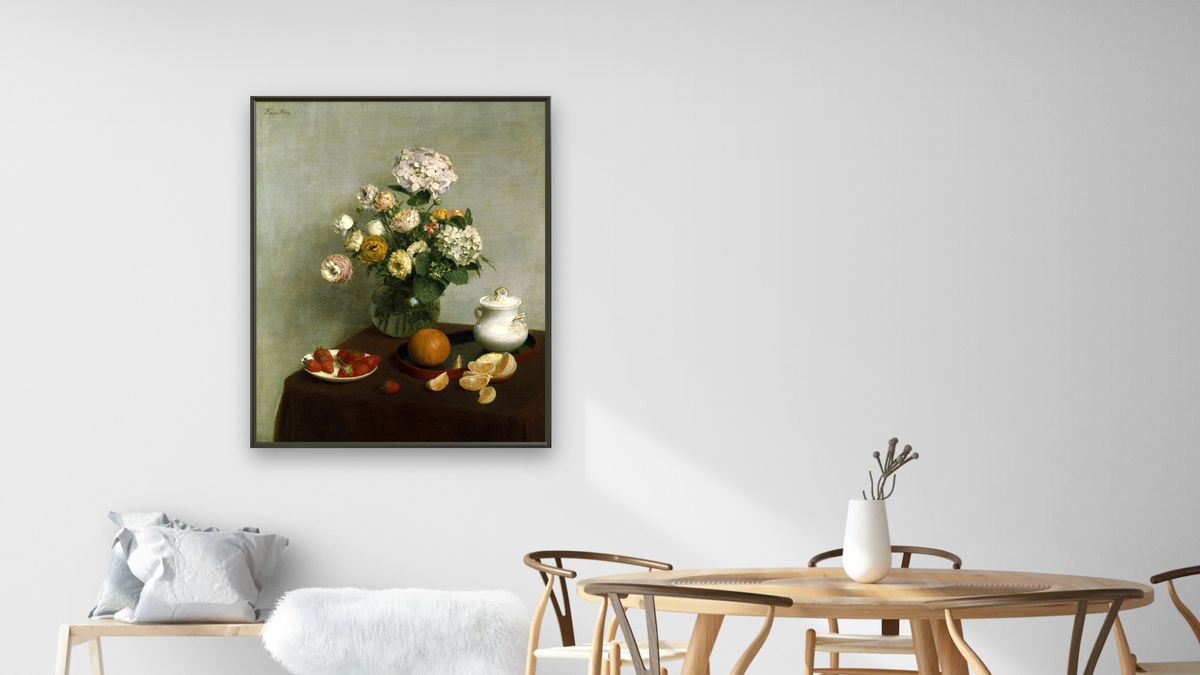 Flowers and Fruit by Henri Fantin-Latour, shown at 32 × 40 in (81.3 × 101.6 cm) on canvas in Ramino Satin Black, dining