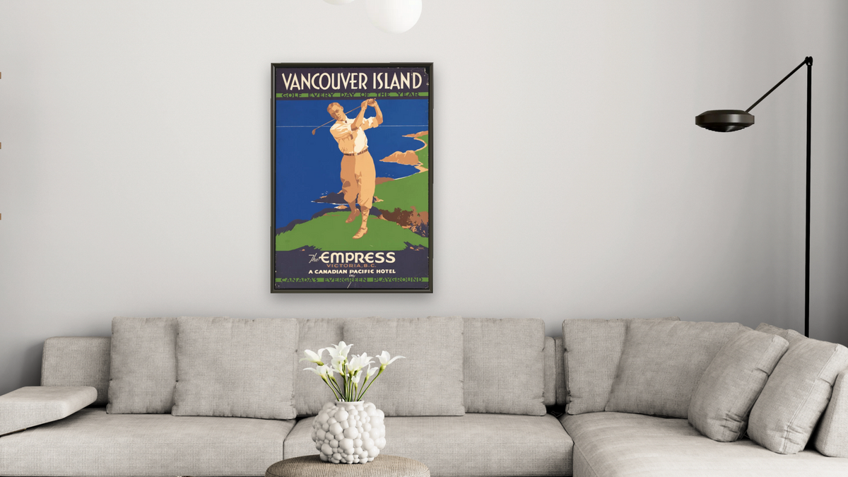 BPL Travel Posters, shown at 28 × 42 in (71.1 × 106.7 cm) on canvas in Ramino Satin Black, living