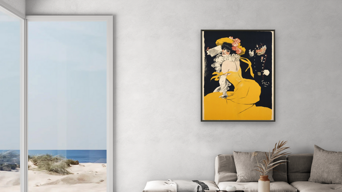 Poster of a Woman in a Yellow Dress by Jules Alexander Grun, shown at 30 × 40 in (76.2 × 101.6 cm) on canvas in Ramino Satin Black, living