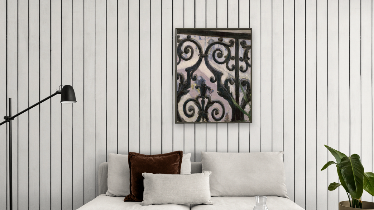 View from a balcony by Gustave Caillebotte, shown at 32 × 40 in (81.3 × 101.6 cm) on canvas in Ramino Satin Black, living
