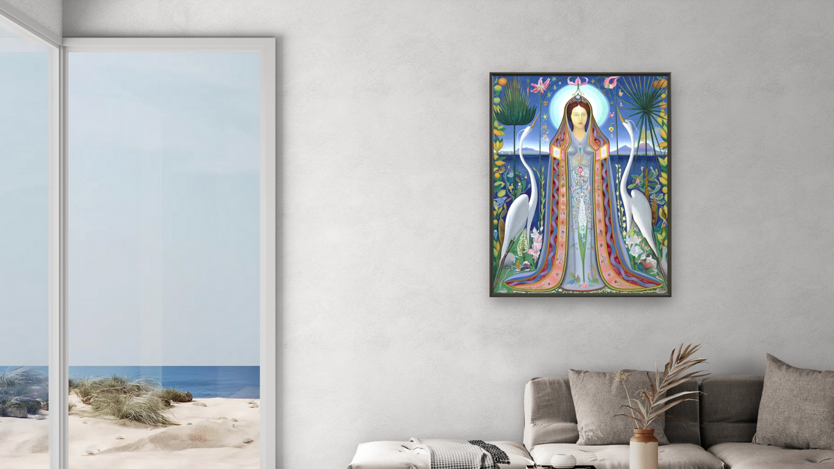 Purissima by Joseph Stella, shown at 30 × 40 in (76.2 × 101.6 cm) on canvas in Ramino Satin Black, living