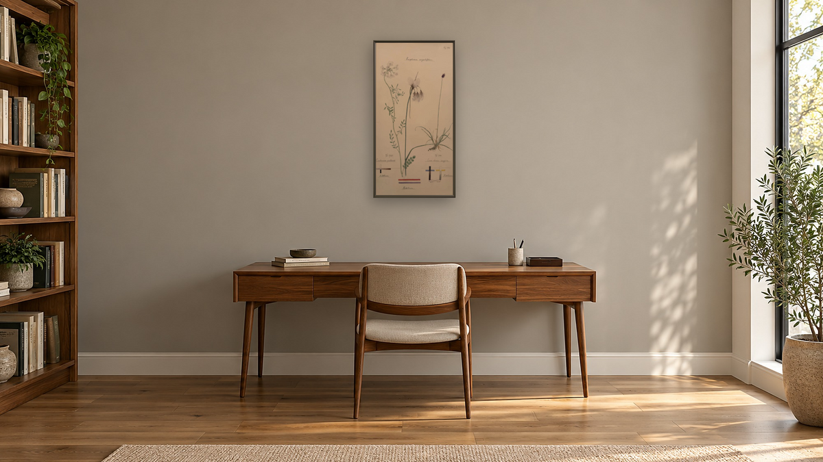 Tall Cottongrass, Cuckoo Flower, and Dioecious Sedge by Hilma af Klint, shown at 20 × 40 in (50.8 × 101.6 cm) on canvas in Ramino Satin Black, library