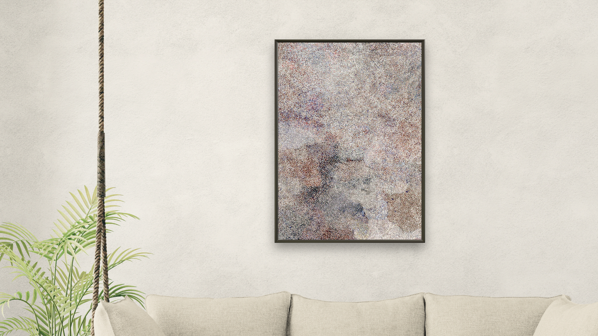 Arlparra, My Country, Bush Plum Country by Kathleen Ngal, shown at 28 × 42 in (71.1 × 106.7 cm) on canvas in Ramino Satin Black, living